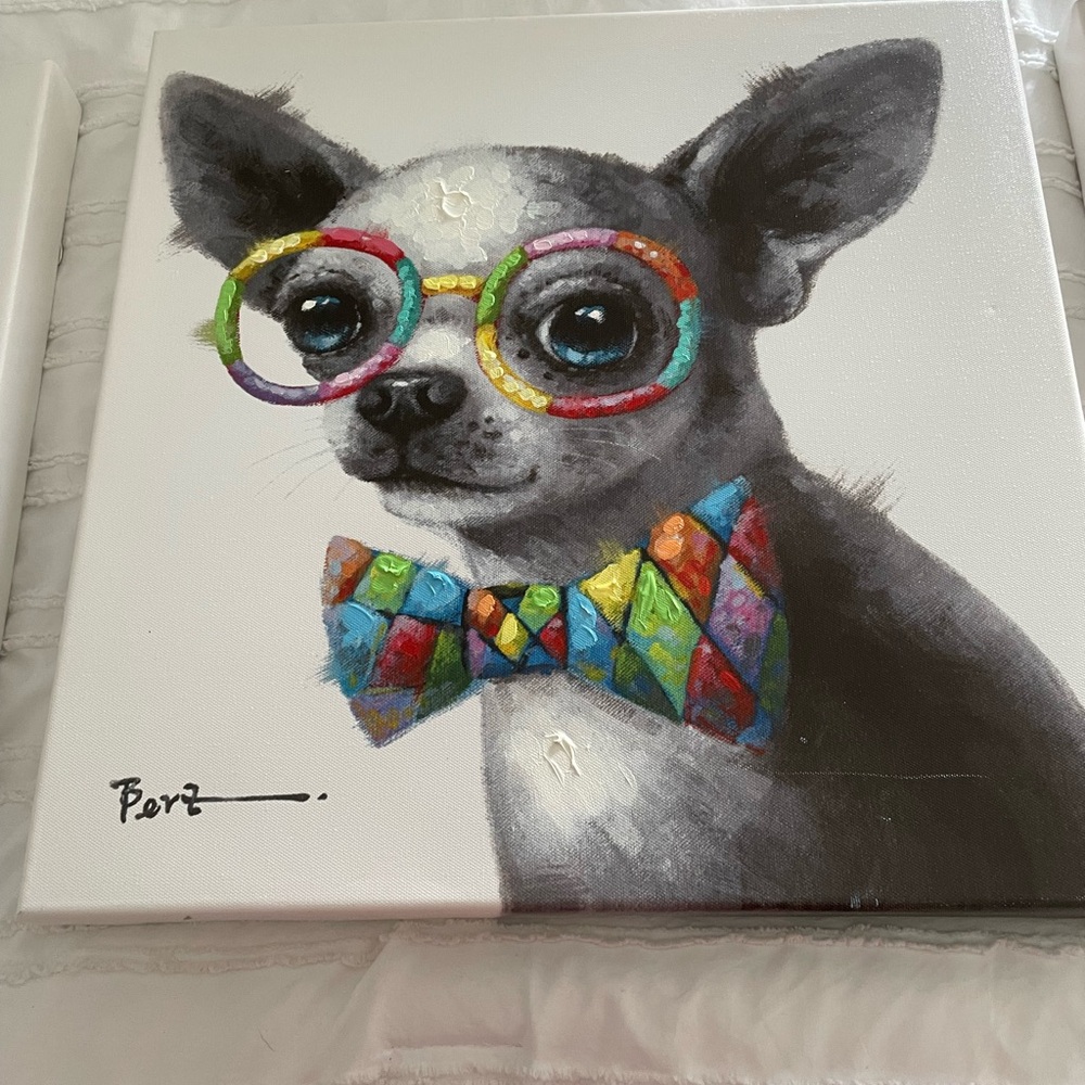 Colorful Chihuahua Dog Bow Tie & Glasses Canvas Art Print - Multicolor